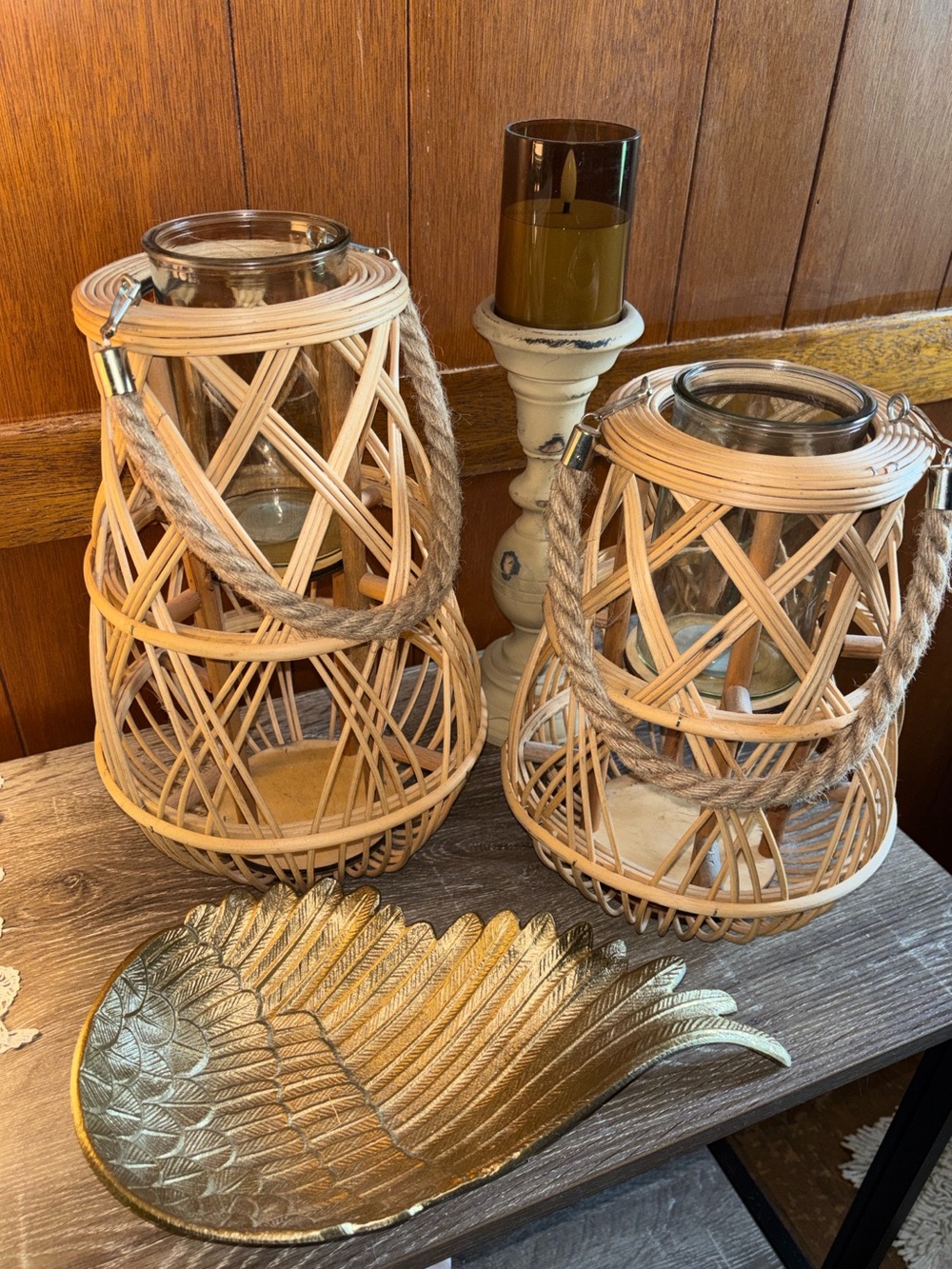 Boho - modern farmhouse - coastal Sienna Tonga bamboo woven hurricane lanterns